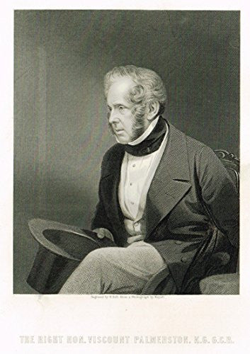 Portrait - "THE RIGHT HONORABLE VISCOUNT PALMERSTON" by Holl - Steel Engraving - c1840