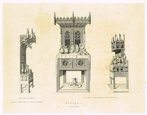 Shaw's Ancient Furniture - "BUFFETS of the 15th CENTURY" - Large Steel Engraving - 1836