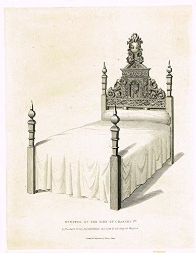 Shaw's Ancient Furniture - "BEDSTEAD OF THE TIME OF CHARLES 1ST" - Large Steel Engraving - 1836