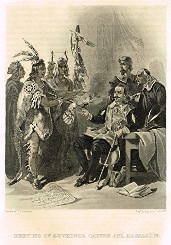 Historical Prints - "MEETING OF GOVERNOR CARVER AND MASSASOIT" - Steel Engraving - c1880