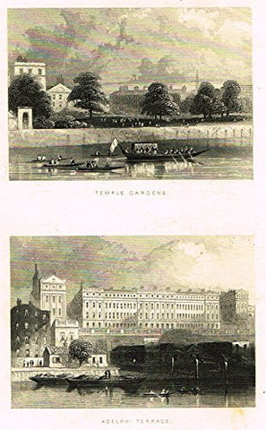 Tallis's London - "TEMPLE GARDENS & ADELPHI TERRACE" - Steel Engraving - 1851