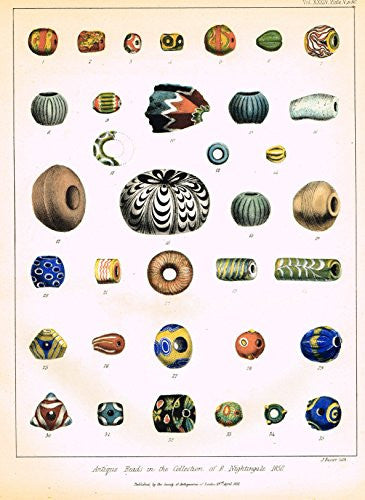 Archaeologia's Antiquity - "ANTIQUE BEADS IN THE COLLECTION OF B. NIGHTINGALE" - Engraving - 1852