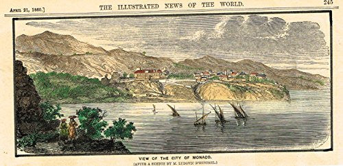 Illustrated London News - VIEW OF THE CITY OF MONACO - Hand-Col. Litho - c1860
