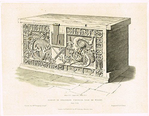 Shaw's Ancient Furniture - "CHEST IN SHANKLIN CHURCH, ISLE OF WIGHT" - Large Steel Engraving - 1836