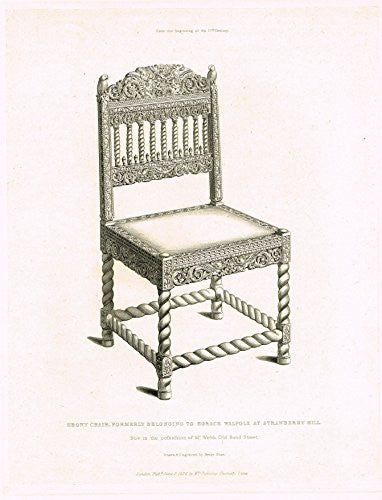 Shaw's - "EBONY CHAIR FORMERLY BELONGING TO HORACE WALPOLE" - Large Steel Engraving - 1836
