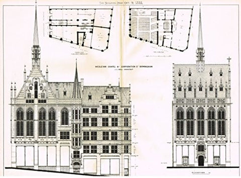 Building News' - "WESLEYAN CHAPEL & CORPORATION ST. BIRMINGHAM" - Large Lithograph - 1885