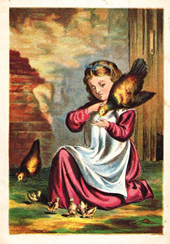 McLoughlin's Playtime Stories - GIRL WITH CHICKENS & CHICKS - Chromolithograph - 1890