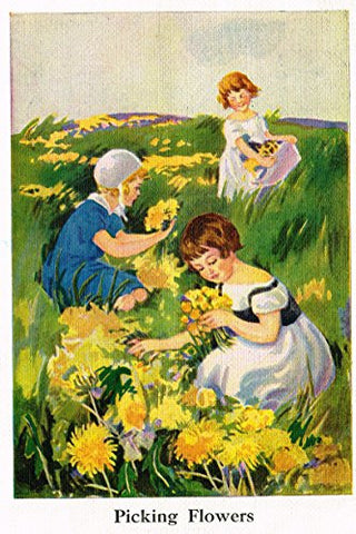 Children's Print - "PICKING FLOWERS" - Lithograph - c1935