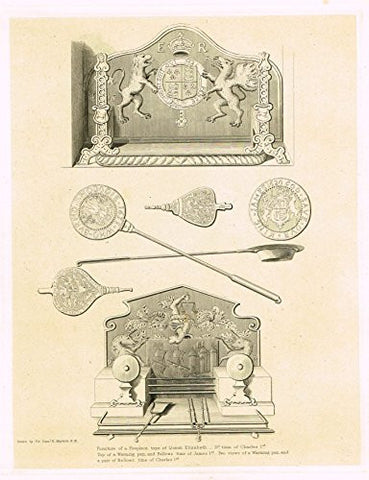 Shaw's - "FURNITURE of a FIREPLACE - QUEEN ELIZABETH" - Large Steel Engraving - 1836