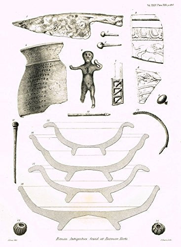Archaeologia's Antiquity - "ROMAN ANTIQUITIES FOUND AT BOXMOOR HERTS" - Engraving - 1852