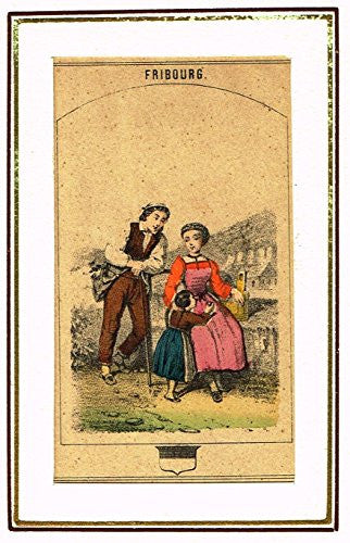 Swiss National Costume Miniature - "CANTON of FRIBOURG" - Hand-Colored Engraving - 1865