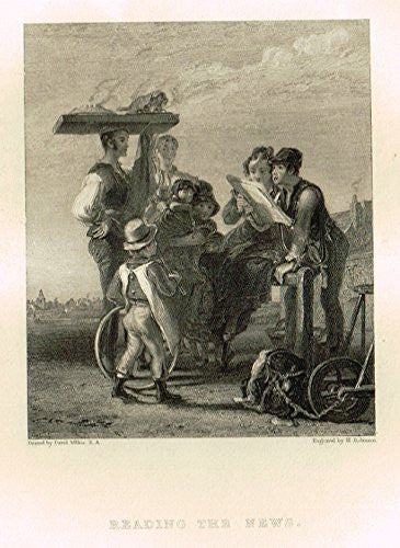 Miniature Print - READING THE NEWS by Robinson - Steel Engraving - c1850