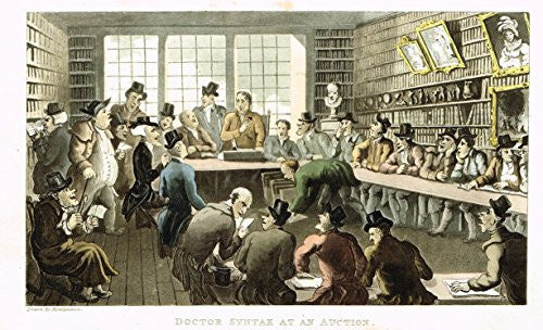 Rowlandson's Dr. Syntax - "DR. SYNTAX AT AN AUCTION" - Hand-Colored Aquatint by Rowlandson - 1820