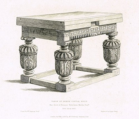 Shaw's Ancient Furniture - "TABLE AT LEEDS CASTLE, KENT" - Large Steel Engraving - 1836