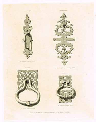 Shaw's Ancient Furniture - "DOOR HANDLE, ESCHTCHEON AND KNOCKERS" - Large Steel Engraving - 1836