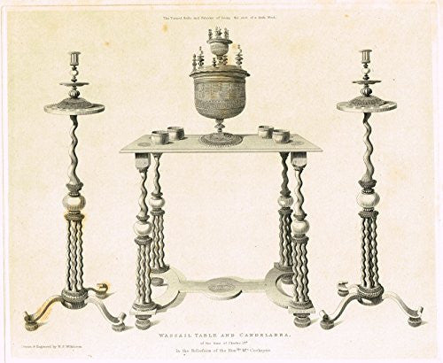 Shaw's Ancient Furniture - "WASSAIL TABLE AND CANDELABRA" - Large Steel Engraving - 1836