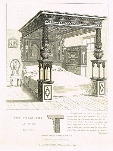 Shaw's Ancient Furniture - "THE GREAT BED AT WARE" - Large Steel Engraving - 1836