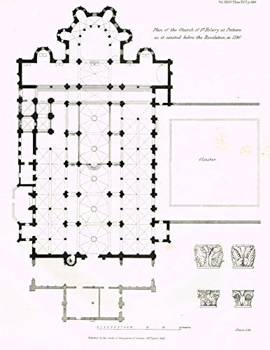 Archaeologia's Antiquity - "PLAN OF THE CHURCH OF ST. HILARY AT POITIERS" - Engraving - 1852