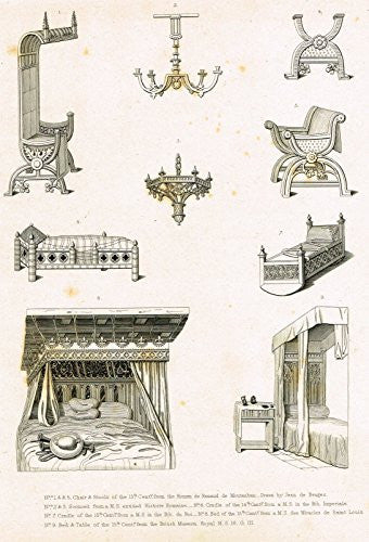 Shaw's Furniture - "VARIOUS FURNITURE FROM THE ROMAN DE RENAUD" - Engraving - 1836