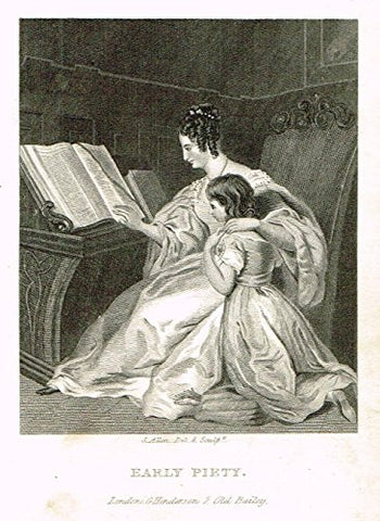 Miniature Print - EARLY PIETY by Allen - Steel Engraving - c1850