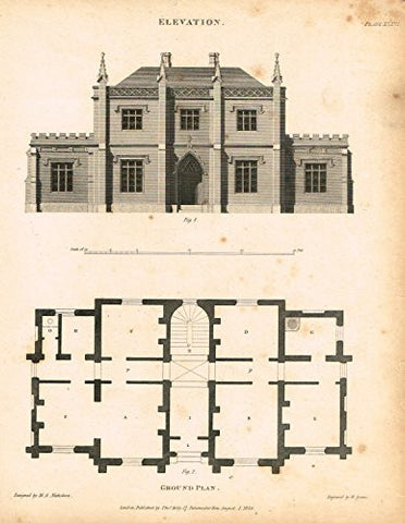Nicholson's Practical Builder - "ELEVATION AND GROUND PLAN OF A HOUSE" - Steel Engraving - 1836