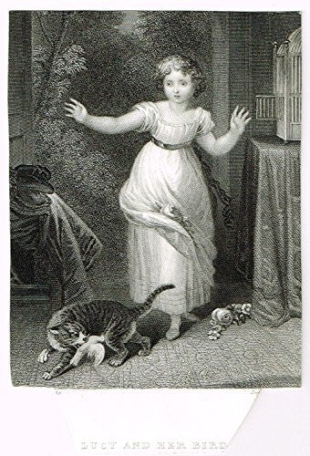 Miniature Print - "LUCY AND HER BIRD" by Rolls - Steel Engraving - c1850