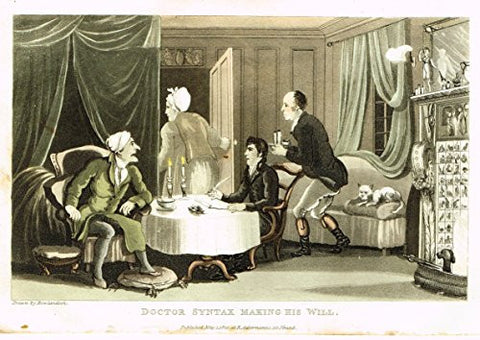 Rowlandson's Dr. Syntax - "DR. SYNTAX MAKING HIS WILL" - Hand-Colored Aquatint by Rowlandson - 1820