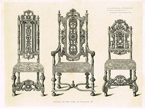 Shaw's Ancient Furniture - "CHAIRS of the TIME of WILLIAM 3rd" - Large Steel Engraving - 1836
