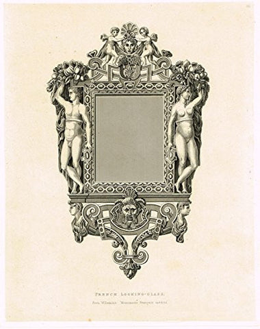 Shaw's Ancient Furniture - "FRENCH LOOKING-GLASS" - Large Steel Engraving - 1836