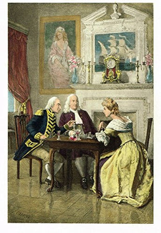 Colored Lithograph - FRANKLIN & MRS. HOWE AT A GAME OF CHESS by HARRIS - c1895