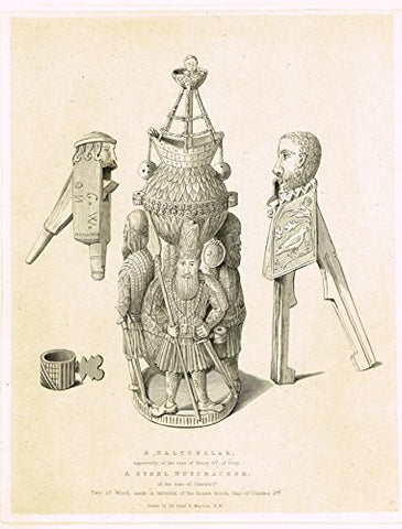 Shaw's Ancient Furniture - "A SALTCELLAR & A STEEL NUTCRACKER" - Large Steel Engraving - 1836