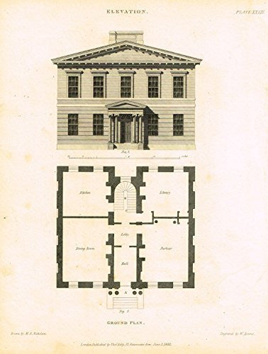 Nicholson's Practical Builder - "ELEVATION & GROUND PLAN -2 STORY HOUSE" - Steel Engraving - 1836
