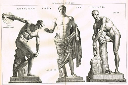Building News' - "ANTIQUES FROM THE LOUVRE - DISCOBULUS, CLAUDIUS & JASON" - Large Lithograph - 1885