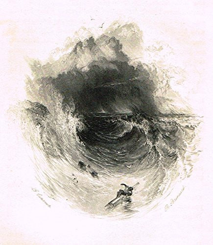 Cattermole's 'Haddon Hall' - "DIMANTELED VESSEL IN A STORM" - Miniature Steel Engraving - 1860