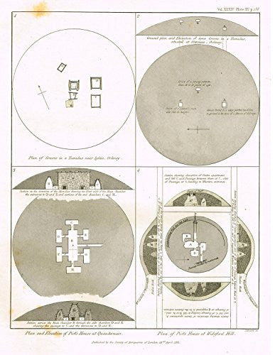 Archaeologia's Antiquity - "PLAN AND ELEVATION OF PICT'S HOUSE AT QUANTERNESS" - Engraving - 1852