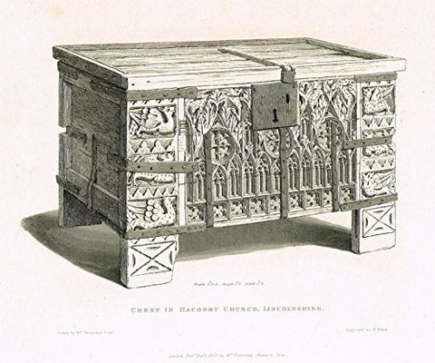 Shaw's Ancient Furniture - "CHEST IN HACONBY CHURCH, LINCOLNSHIRE" - Large Steel Engraving - 1836