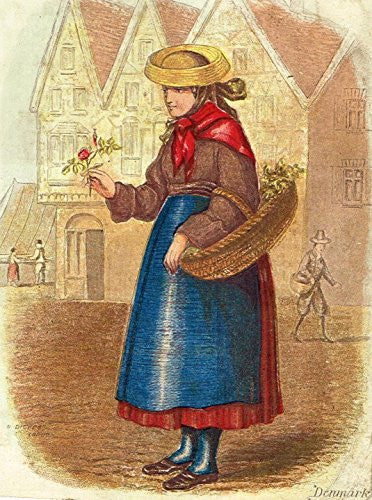 Miniature by W.Dickes - DANISH WOMAN SELLING FLOWERS - Hand-Colored Engraving - 1809