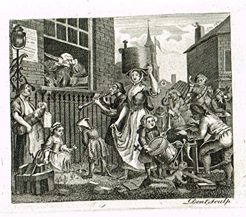 Hogarth's Illustrated - "THE ENRAGED MUSICIAN" - Antique Copper Engraving - 1793
