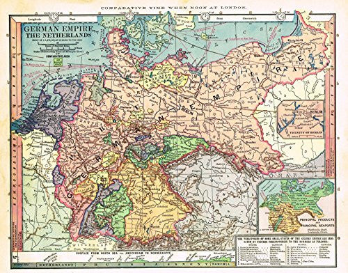 Barnes's Geography - "GERMAN EMPIRE & THE NETHERLANDS" Chromolithographic Map by Monteith -1875