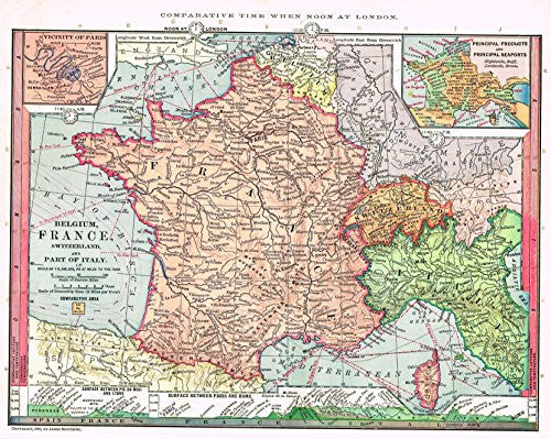 Barnes's Geography - "BELGIUM, FRANCE & SWITZERLAND" Chromolithographic Map by Monteith -1875
