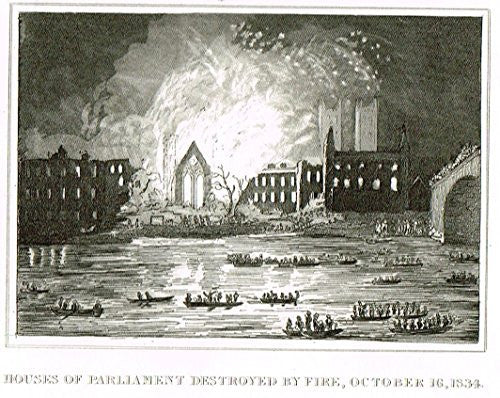 Miniature History of England - HOUSES OF PARLIAMENT DESTROYED BY FIRE - Copper Engraving - 1812