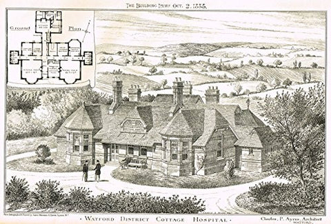 Building News' - "WATFORD DISTRICT COTTAGE HOSPITAL" - Lithograph - 1885