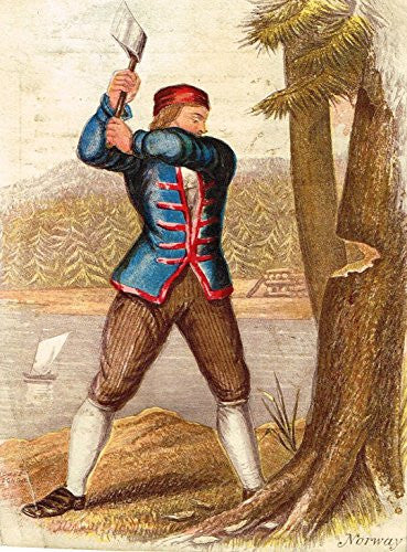 Miniature by W.Dickes - "NORWEGIAN MAN CUTTING WOOD" - Hand-Colored Engraving - 1809