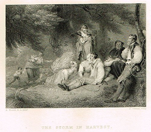 Miniature Print - THE STORM IN HARVEST by Outrim - Steel Engraving - c1850
