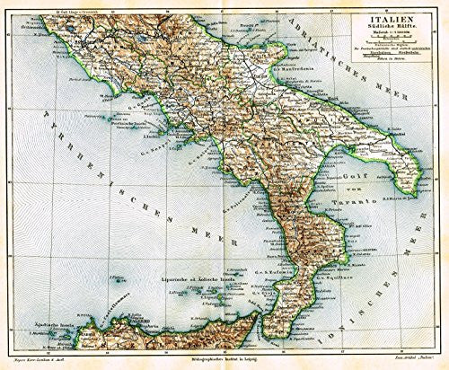 Meyers' Lexicon Map - "ITALY - SOUTHERN HALF" - Chromolithograph - 1913
