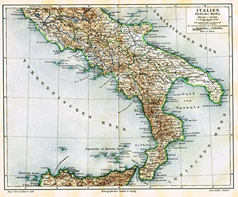 Meyers' Lexicon Map - "ITALY - SOUTHERN HALF" - Chromolithograph - 1913