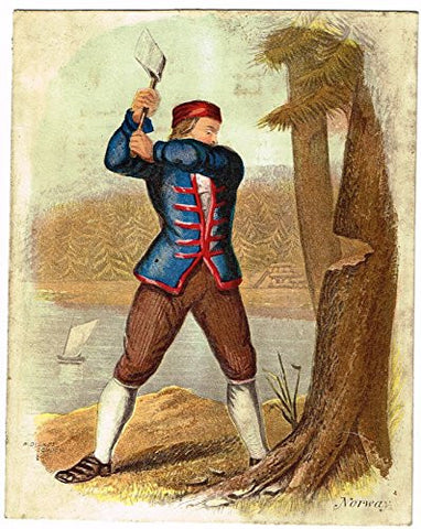 Miniature by W.Dickes - NORWEGIAN MAN CUTTING WOOD - Hand-Colored Engraving - 1809