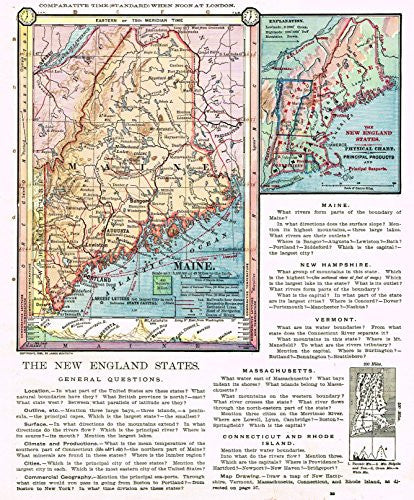 Barnes's Geography - "MAINE" & New England Map by Monteith -1875