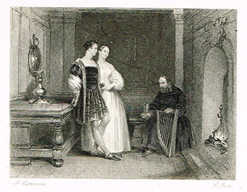 Cattermole's 'Haddon Hall' - "THE AGED MINSTREL" - Miniature Steel Engraving - 1860