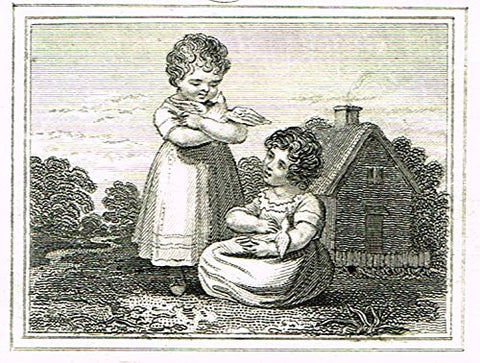 Miniature Print - "TWO GIRLS WITH DOVES" - Steel Engraving - c1850